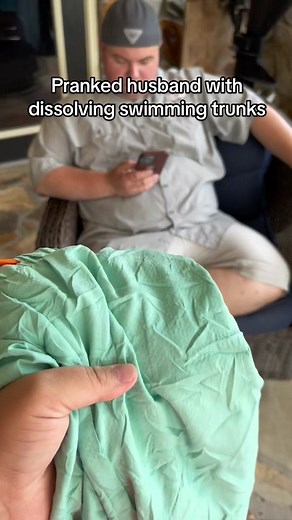 Dissolving swimming trunks prank on my husband! #prank #husbandprank #fyp #foryou #prankingmyhusband