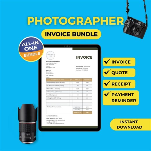 Photographer Invoice Template – Editable Photography Invoice + Quote + Receipt + Payment Reminder | Instant Digital Download - Etsy