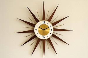 Mid Century Modern Starburst Wall Clock: Walnut Wood & Gold Accents - Etsy