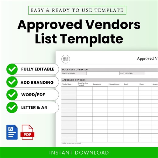 Simple Approved Vendors List Template – Word & PDF, A4   US Letter - Etsy