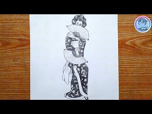 How to draw a traditional Japanese girl with fan 🪭||Japanese geisha drawing||pencil drawing tutorial