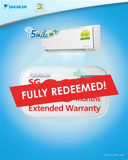 60 months warranty promotion is fully redeemed! Thank you for the amazing support 💙 BUT we heard you 🙌 188 more sets have just been released. Don’t miss your last chance! Upgrade now 👉 https://www.daikin.com.sg/promotion/60-month-warranty-promo-2025 #DaikinSG #PerfectingTheAir #iSmileEcoPlus #DaikinAirLeadership | Daikin Singapore