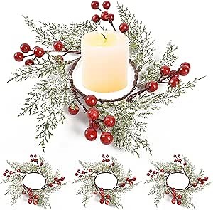 4PCS Christmas Candle Rings Wreaths, Christmas Candle Holder Pillar Candle Ring Artificial Berry Pine Branch Candlestick Garland for Table Decoration