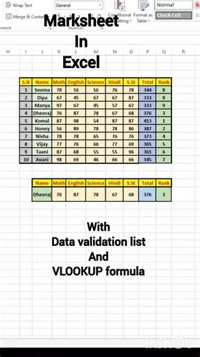 marksheet in excel ll data validation list ll vlookup formula