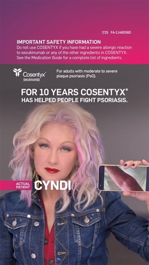 Cyndi Lauper on Instagram: "#Sponsored by Novartis. Intended for US audiences only. The psoriasis community means the world to me. I share my story to raise awareness and hope. Learn more at qr.qrhub.ly/cfbsvi Please see the link to Prescribing Information in the @cosentyxsecukinumab bio. #Sponsored by Novartis Pharmaceuticals Corporation and intended for US audiences only."