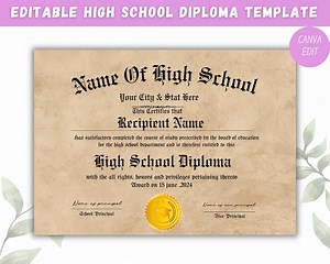 Printable High School Diploma Template, Home School Diploma, High School Diploma, Diploma Replica Template, Instant Download - Etsy