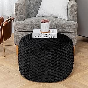 Round Pouf Ottoman Stuffed Plush Fiber Pouf Ottoman Footrest Foot Stool Bean Bag Ottoman Floor Pouf for Bedroom Living Room Accent Seat 20x12inches with Modern Foam Filler (Black)