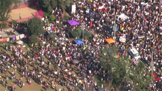 Crowds are gathering for what was expected to be the region's largest rally, outside Los Angeles City Hall and the adjacent Grand Park. | NBC LA