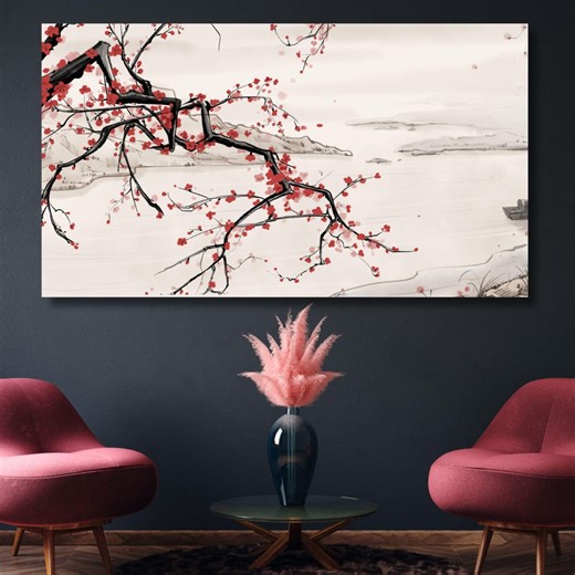 Sakura Tree Branch Canvas Wall Art, Japanese Cherry Blossom Painting Print, Asian Floral Decor, Zen Style Statement Piece Gift - Etsy