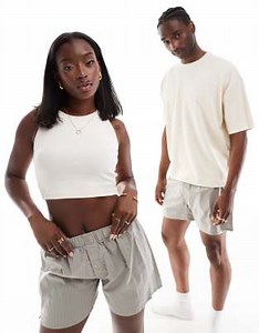 Calvin Klein unisex cotton poplin slim boxer shorts in khaki stripe | ASOS