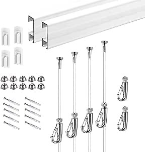 Picture Hanging System Click Rail Kits,in one Set Included Two of White Rails 59", Four of Nylon Cables, six of Hooks, Four of end caps, and Installation Hardware