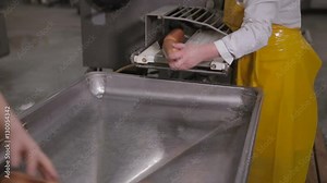 Production of sausages. Worker operates meat processing equipment at a meat processing factory. HD.