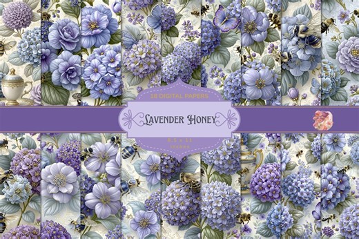 Lavender Honey Digital Papers, Purple Floral Printable Paper Pack, Vintage Bee Scrapbook Paper, Lavender Junk Journal Kit - Etsy