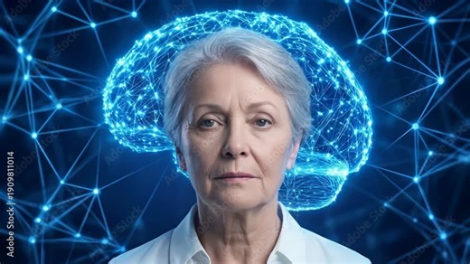Advanced neurological visualization around senior woman. Futuristic brain mapping and cognitive data analysis.