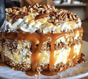 Caramel Pecan Cheesecake Ingredients: For the Crust: 1 1/2 cups graham cracker crumbs 1/2 cup finely chopped pecans 1/4 cup granulated sugar 1/2 cup unsalted butter, melted For the Cheesecake Filling: 3 8-ounce packages cream cheese, softened 1 cup granulated sugar 3 large eggs 1 teaspoon vanilla extract 1 cup sour cream For the Caramel Sauce: 1 cup granulated sugar 6 tablespoons unsalted butter, cubed 1/2 cup heavy cream 1/2 teaspoon salt For the Topping: 1 cup pecan halves Additional caramel s