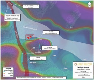 Ashley Gold Receives Channel Results, Confirms Broad Zone of Low Grade Gold from Representative Sampling at Howie Project, Ontario, Submits Core for Assay