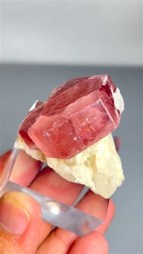 Muhammad Hamza on Instagram: "Pink Apatite with Quartz on Albite Matrix (Available) This is a very beautiful and rare specimen showing a bright pink apatite crystal sitting perfectly on a clean white albite matrix, with some sharp and clear quartz on the side. Finding pink apatite in this strong and rich color is extremely difficult, especially in Pakistan, so this piece truly stands out. The crystal is also fluorescent, which means it glows under UV light. This gives it an extra attraction and 
