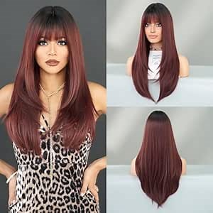 PARK YUN Long Straight Wine Red Wig with Bangs 26 Inch Burgundy Layered Wig Dark Rooted Natural Looking Maroon Dark Red Hair Heat Resistant Synthetic Wigs for Women Daily Party Use