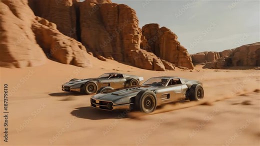 Two metallic futuristic race cars speed across an arid desert kicking up dust and sand