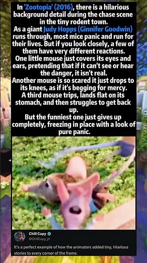 In 'Zootopia' (2016), there is a hilarious background detail during the chase scene in the tiny rode