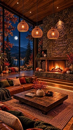 Fall Ambience | Unwind in an Autumn Cabin with Fireplace at Night