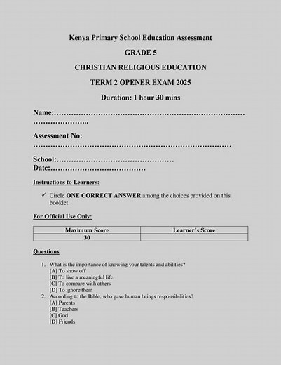 Grade 5 CRE Term 2 Opener Exam with Marking Scheme 2025