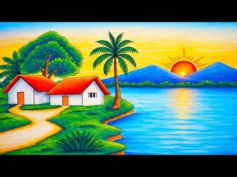 Beautiful Village Sunset Scenery Drawing Step by Step | Easy Nature Landscape Art Tutorial