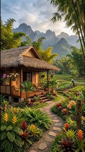 Cozy tropical bungalow house surrounded by bamboo, flowers, and farmland 🌾🏡