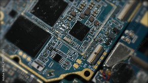 Chip motherboard close up tracking shot background. Computer processor with connections and signals. Technology cpu.