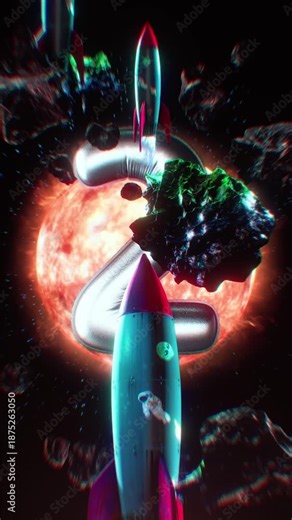 A cool abstract space themed background with a central rocket flying in front of a typographic number and other fun visual details including planets and floating asteroids. Part of a full set of 10 fo