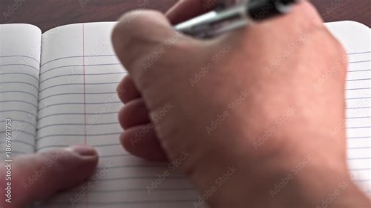 A hand is holding a pen and writing the New Years Resolution in a blank notebook. The surface is wooden and the setting appears simple and focused on the act of writing.