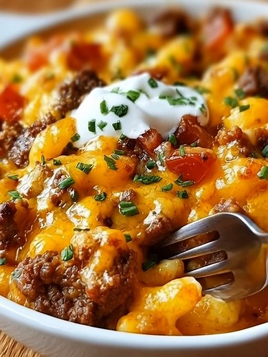 Cowboy Casserole 🤠🐴 Ingredients: 1 pound (450g) ground beef 1 medium onion, chopped (about 1 cup/140g) 1 green bell pepper, chopped (about 1 cup/140g) 1 (15 ounce/425g) can kidney beans, drained and rinsed 1 (15 ounce/425g) can corn, drained 1 (10.75 ounce/303g) can condensed cream of mushroom soup 1 (1.4 ounce/40g) packet taco seasoning 1 cup (240ml) sour cream 1 (11 ounce/311g) bag tortilla chips, coarsely crushed (about 3 cups/420g) 1 cup (85g) shredded cheddar cheese Optional garnishes: ch