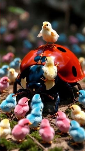NEW FRIEND! 🐞🐣 Rainbow Chicks Meet a Giant Ladybug! #ASMR #Shorts #CuteAnimals