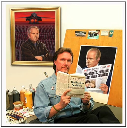 I began listening the #RushLimbaugh radio show in 1992. In 1996 I reached out to the Limbaugh Letter as a freelance illustrator. My first assignment came in December of that year. It was a promotional illustration to be used in the 1997 January issue of the newsletter. In one year I became the “Official Limbaugh Letter Cover Illustrator.” It was a fun, monthly assignment that would go on for another 6 years. Listening to Rush on the radio while painting the next cover for his newsletter was pret
