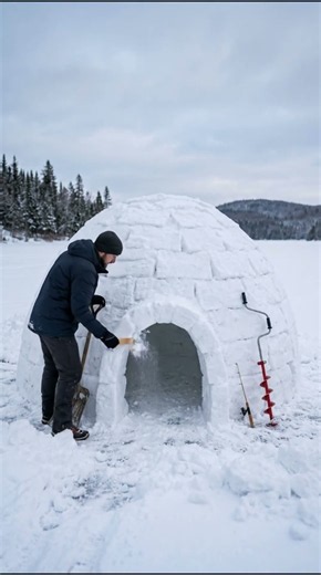Building a Snow Fishing Hut on a Frozen Lake ❄️🎣