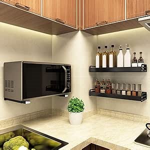 Eeghurt 304 Stainless Steel Sturdy Microwave Shelf Bracket Wall Mount Kit Foldable Stretch Wall Mounted Rack Shelf Oven Stand Shelf Rack 2Piece with Screws, 200X220mm 8X8.5Inch, Black