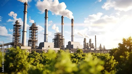 A large industrial factory complex with smoke billowing from its chimneys under a bright sky.