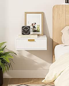 Floating Nightstand, Floating Shelf with Drawer, Wall Mounted Nightstand, Floating Bedside Table (White Stripe)