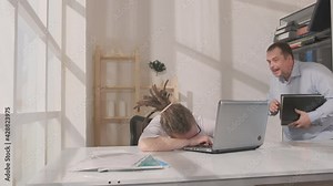 Boss or employee wakes up sleeping woman at workplace during working day in office.