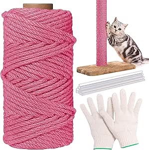 1/4inch ×164ft Natural Cat Tree Boho Colorful Jute Rope, Repair and Replace Scratching Post Sisal Rope for Cat Tree Tower Scratching Post DIY(Pink)