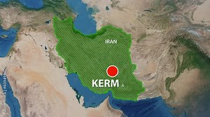 Designation of the borders of Iran on the map and the mark of the location of the city of Kerman