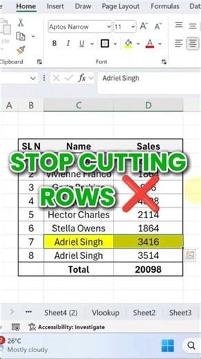 Stop Cutting Rows! #exceltips #exceltricks #shorts