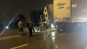 Jackknifed semi crashes into barrier wall on Interstate 44 in OKC