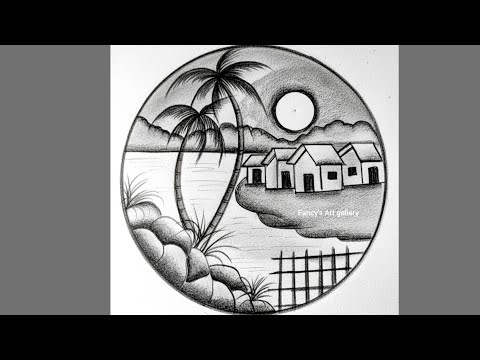 📌Easy Circle Scenery Drawing | Beautiful Village Landscape Pencil Shading Tutorial
