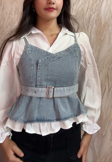 Denim Corset Top with Stylish White Shirt Ensemble