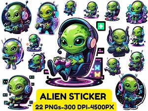 Alien Gamer Stickers | Cute PNG File Bundle (digital Download) - Etsy