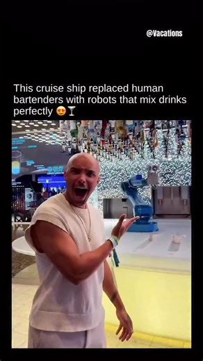 Vacations on Instagram: "Cruising into the future, one cocktail at a time. 🚢🤯🥃 Aboard Wonder of the Seas, industrial robotic arms mix, pour, and serve cocktails with factory-level accuracy—every pour timed to the millisecond, every recipe executed flawlessly. Bottles glide overhead, orders go digital, and the robots never miss a beat. No fatigue. No spills. Just automation meeting entertainment at sea. 🌊⚙️ Built by Royal Caribbean, this is the future of hospitality—shaken, not guessed. Video