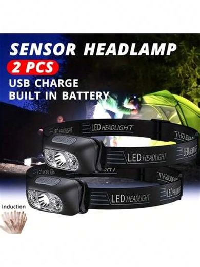 USB Rechargeable Sensor Headlamp - Ultralight, Portable LED Flashlight, Dual Switch Design, Hand Gesture Sensing, Suitable For Hiking, Camping, Fishing, Running, Hunting, Camping Gear | Adjustable Headlamp | Durable Headlight | SHEIN