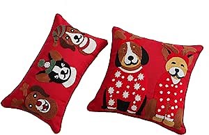 Christmas Throw Pillow Covers Set,Towel Embroidery Lovely Dog Pets and Colorful Pillowcase,Indoor or Outdoor Cushion Cover,Decorative for Couch Sofa Bed Holiday Pattern ,Pack of 2 (Poinsettia(Dogs))