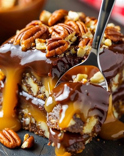 Turtle Texas Sheet Cake with Fudge, Caramel & Pecans Ingredients: 2 cups all-purpose flour 2 cups granulated sugar 1 teaspoon baking soda 1 teaspoon salt 1 cup unsalted butter ...... Full Recipe in Coʍmеոτ 💬 | The Saucy Plate
